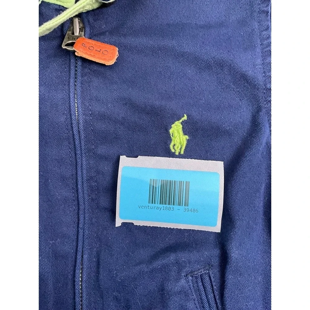 Kids Polo Ralph Lauren Navy Blue Zip Up Jacket Neon Green Collar Size‎ 4